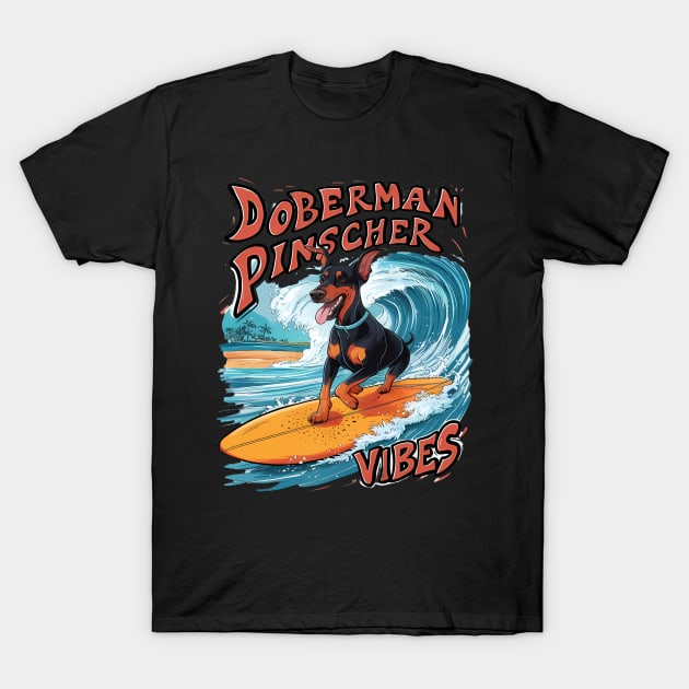 Surfing Doberman Pinscher Riding Tropical Wave T-Shirt by coollooks